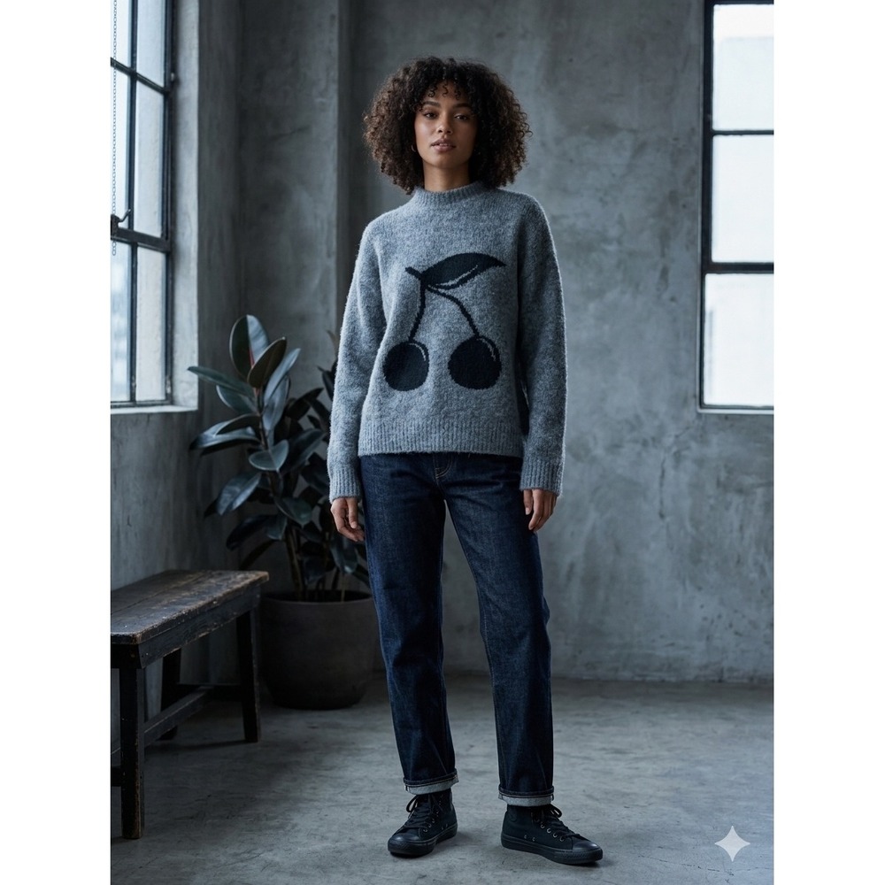 Cozy Grey Mohair Wool Blend Cherry Graphic Mock Neck Knit Sweater Small